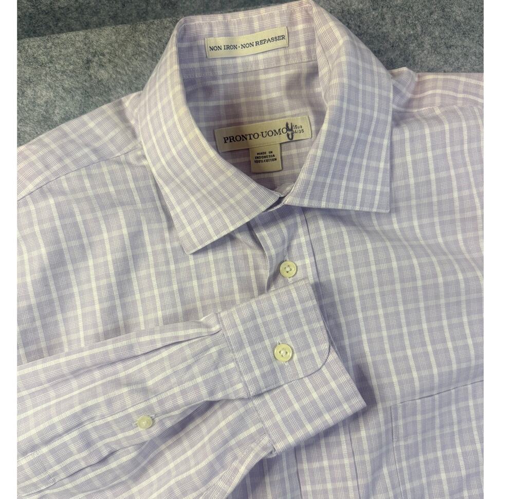 Pronto Uomo Purple Plaid Dress Shirt 15.5 34/35 Non Iron 100% Cotton